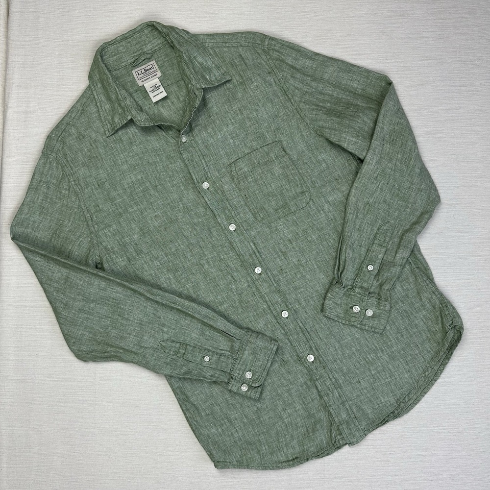 LL Bean 100% Linen Shirt Men's Size Small Regular Green Long Sleeve Pocket